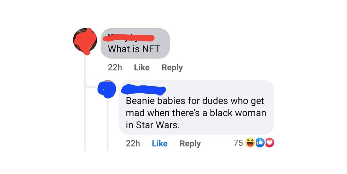 The meme is a screenshot of a comment on a post about NFTs (non-fungible tokens). The comment reads: "In 2-3 sentences, describe this meme for someone who cannot see it. Include any text that appears in the image." This is a self-referential joke, where the comment is asking the reader to describe the meme, which is a commentary on the absurdity of the request.